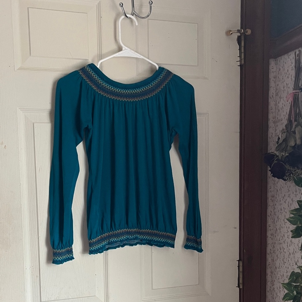 Miley Cyrus & Max Azria Teal Blouse with Embroidered Trim